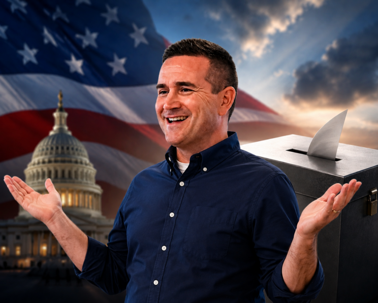 Composite political illustration of NY-21 congressional candidate Blake Gendebien shrugging with both hands raised in front of an American flag, the U.S. Capitol, and a ballot box, symbolizing the ongoing election battle.