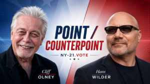 Promotional NY-21.VOTE “Point / Counterpoint” graphic featuring side-by-side headshots of Cliff Olney and Hans Wilder against a red, white, and blue split background.