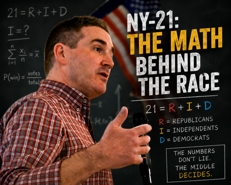 Blake Gendebien speaks into a microphone with an American flag in the background, overlaid with mathematical equations and graphics illustrating the electoral math behind New York's 21st Congressional District race.