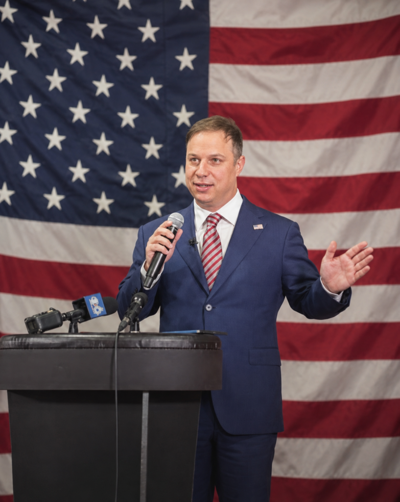 NY-21 Republican candidate Anthony Constantino speaks at a podium before a large American flag.